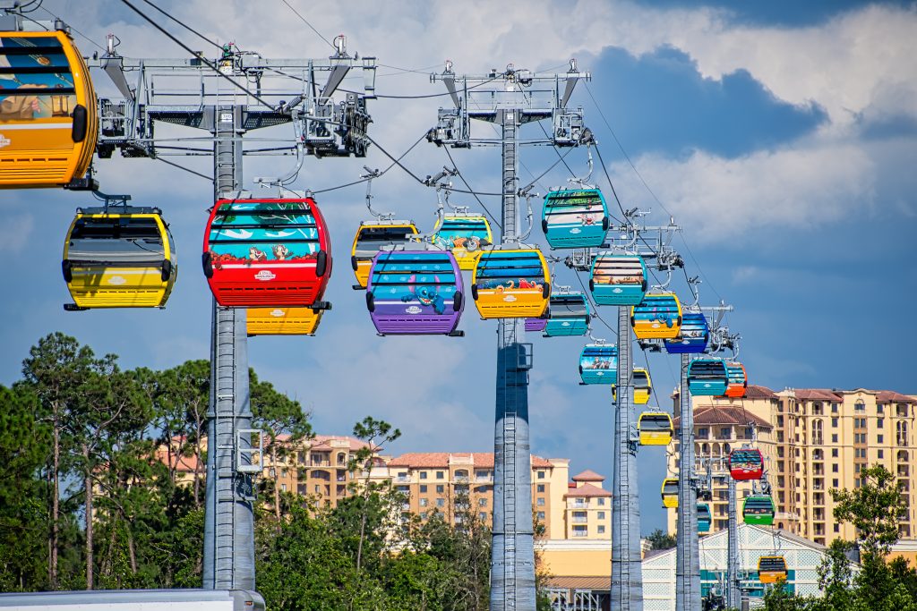 Gondola  with different Disney characters on each on, transportation at Disney World 